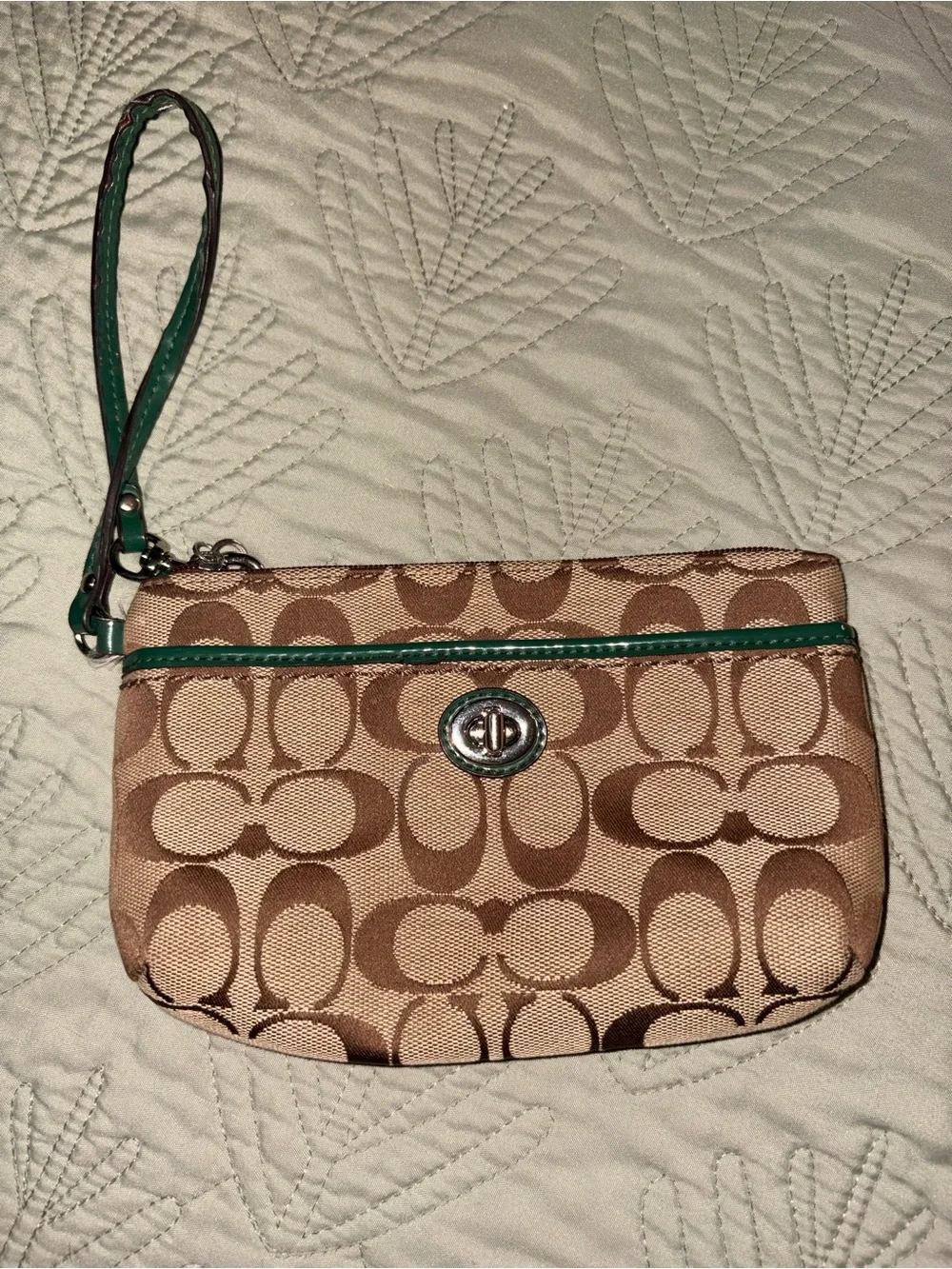 Coach Brown Signature Canvas Wristlet with Green Trim